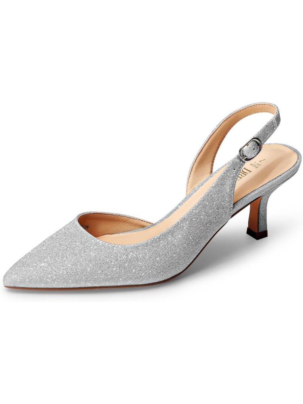 Women Silver Glitter Faux Leather Kitten Slingback Heel Casual Dress Shoes Pumps